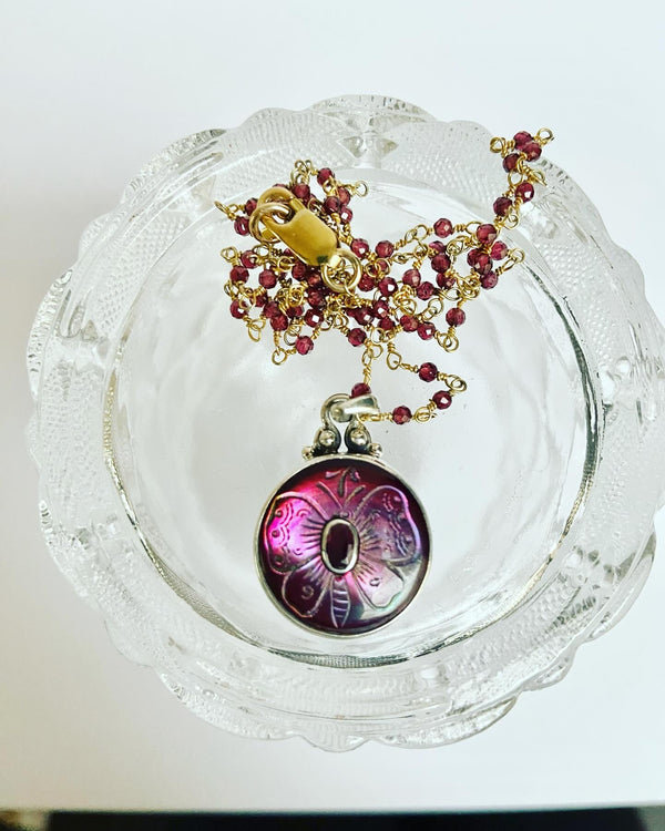 Antique Button Plum Butterfly Necklace