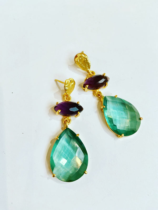 Plum Amethyst + Green Crystal Earrings