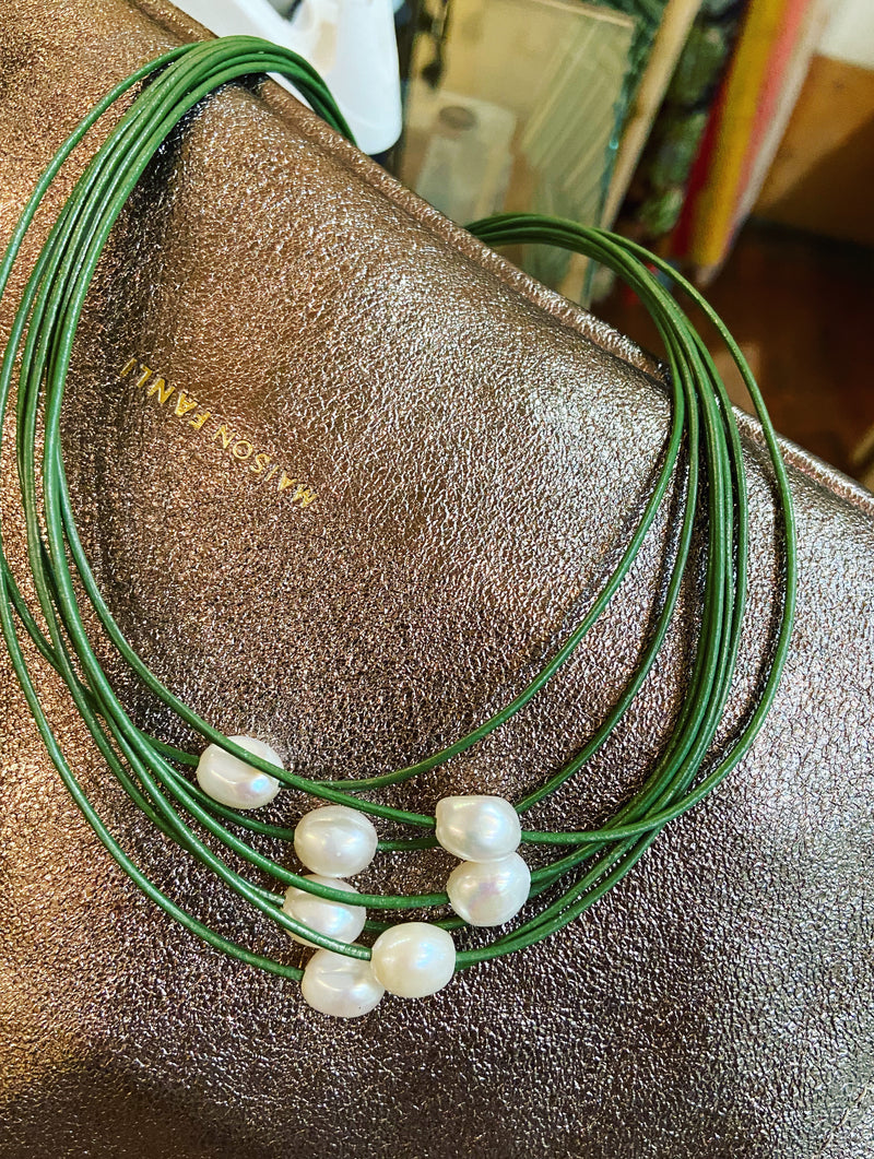 Leather + Pearl Necklace -3 colours