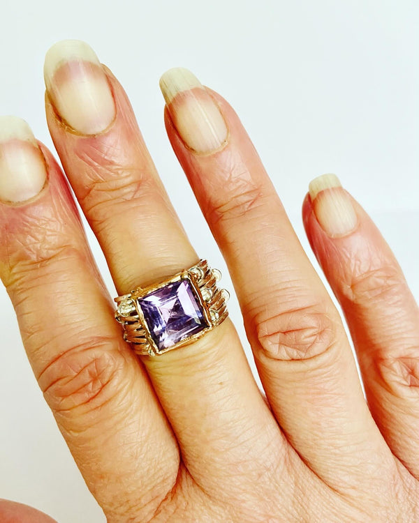 Square Amethyst Two Tone Linear Ring