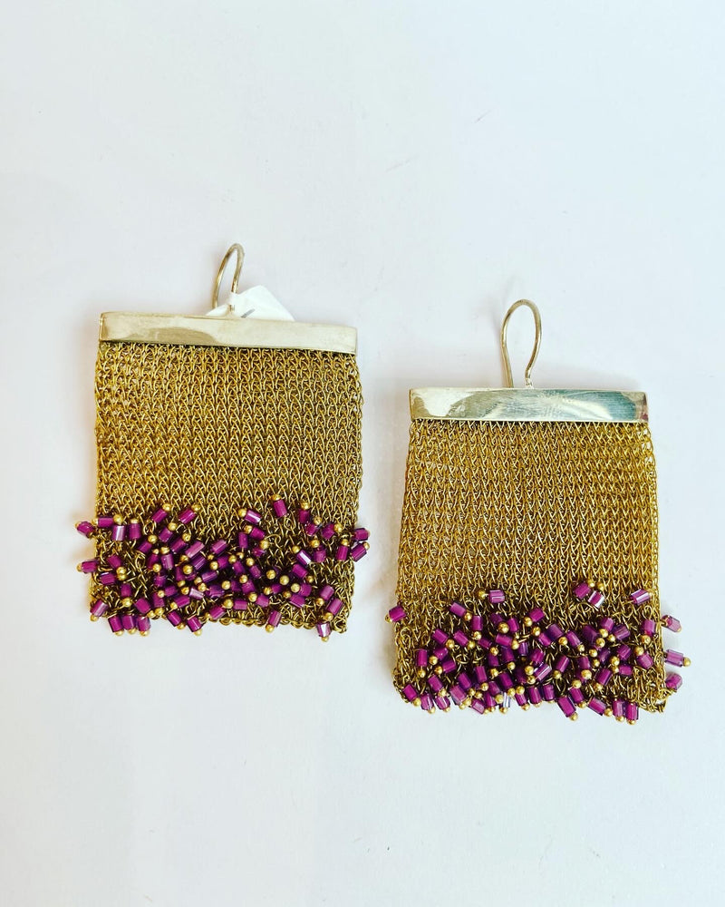 Mesh Rectangle Earrings With Crystal Accent - 2 colours