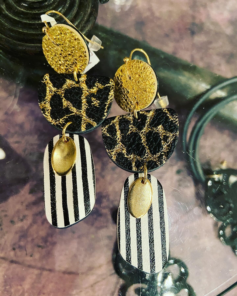 Metallic Gold Black + White Earrings