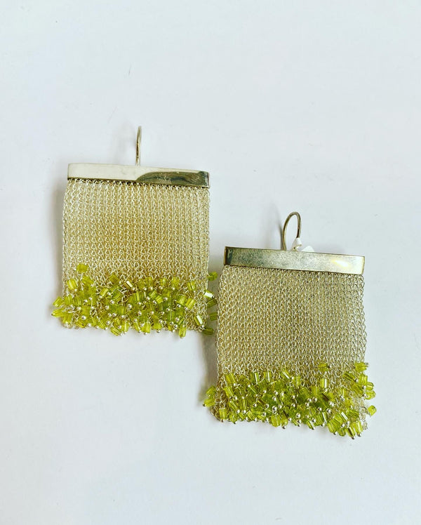 Mesh Rectangle Earrings With Crystal Accent - 2 colours