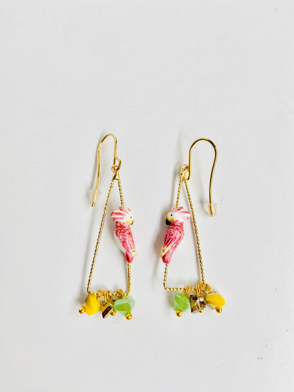 French Porcelain Pink Cockatoo Earrings