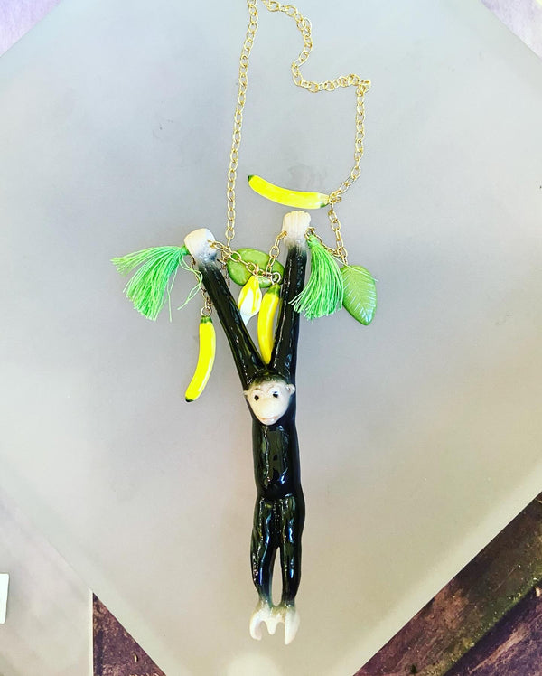 French Porcelain Monkey + Banana Necklace