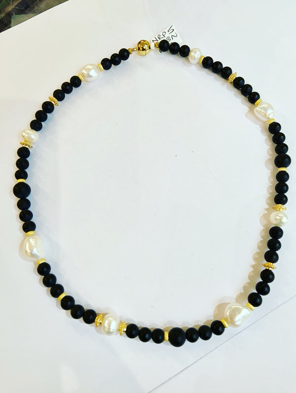 Onyx + Pearl Gold Accent Necklace