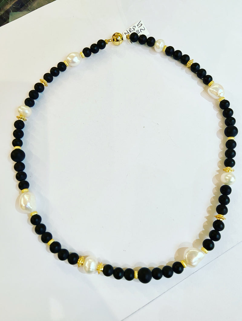 Onyx + Pearl Gold Accent Necklace
