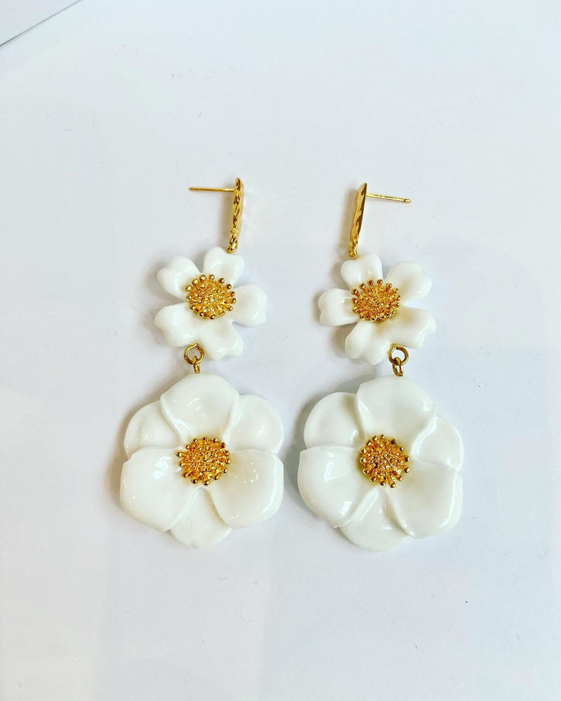 French Porcelain Double Drop White Flower Earrings