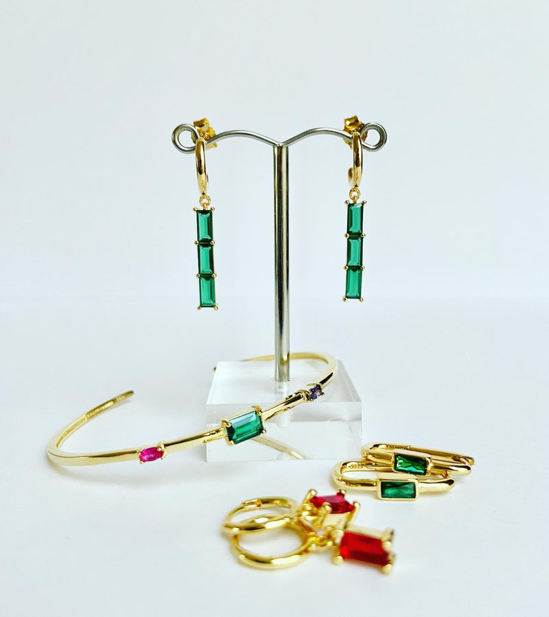 Emerald Triple Drop Crystal Earrings- silver or gold