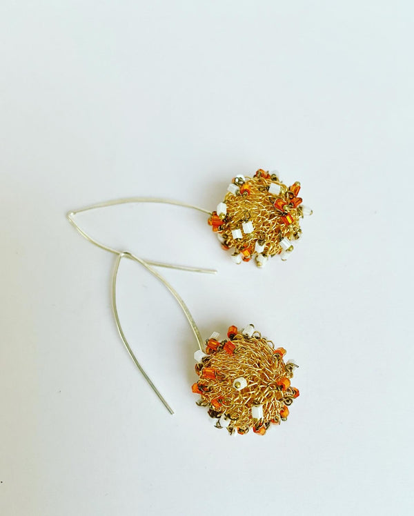 Elongated Crochet Ball Earrings -gold + orange
