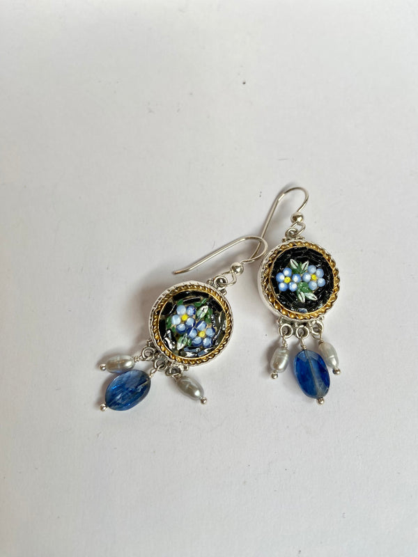 Antique Button Blue Flower Earrings