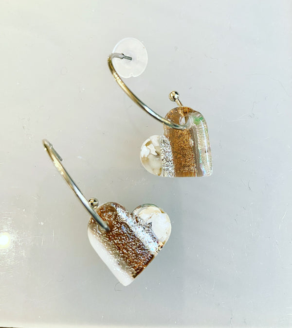 Glass Heart Hoop Earrings - metallic white gold