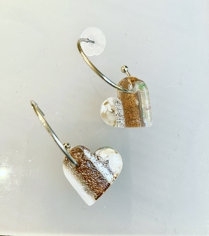 Glass Heart Hoop Earrings - metallic white gold