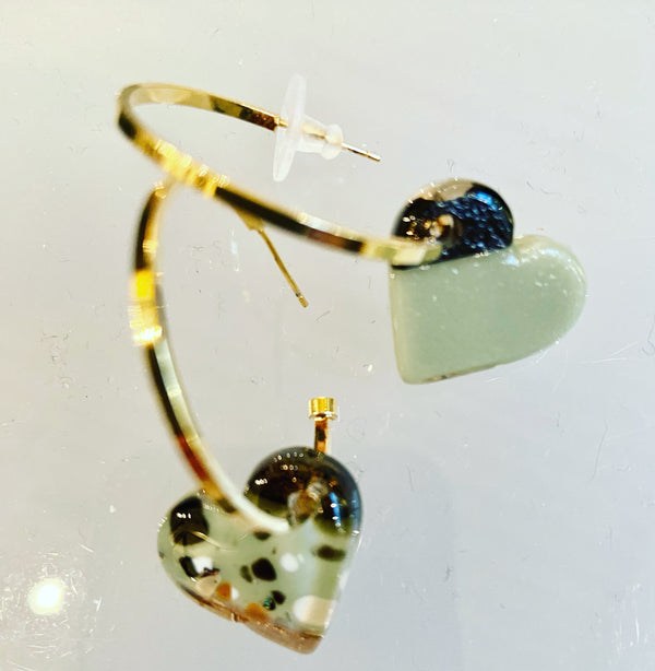 Glass Heart Hoop Earrings - green