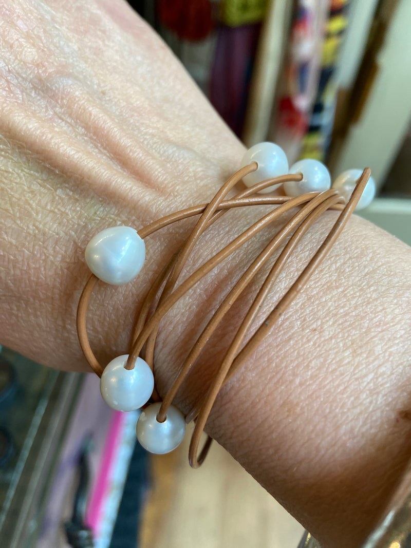 Freshwater Pearl + Leather Bracelet - 6 colours