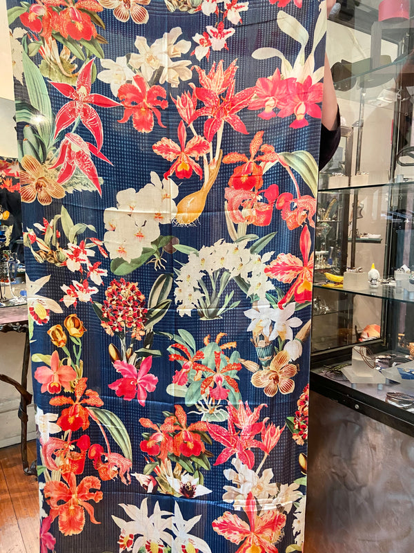Silk Rich Red + Navy Floral Scarf