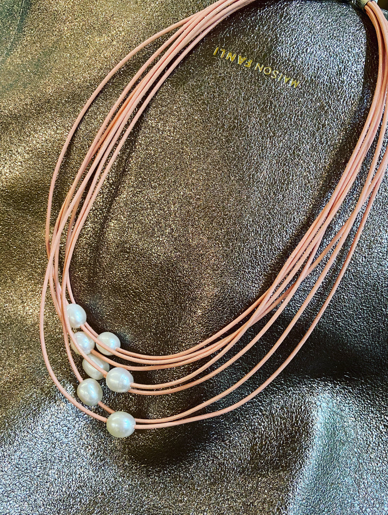 Leather + Pearl Necklace -3 colours