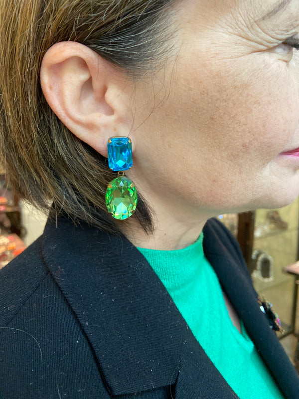 Bohemian Oval Crystal Earrings- Acqua + Peridot