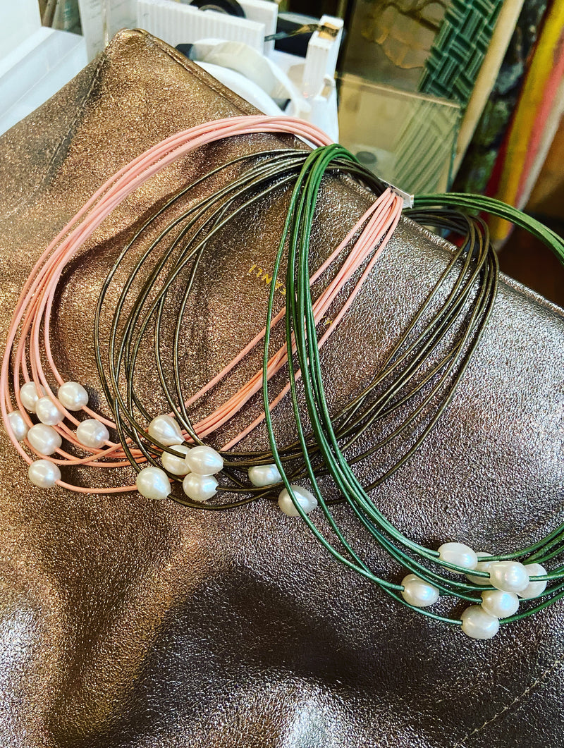 Leather + Pearl Necklace -3 colours
