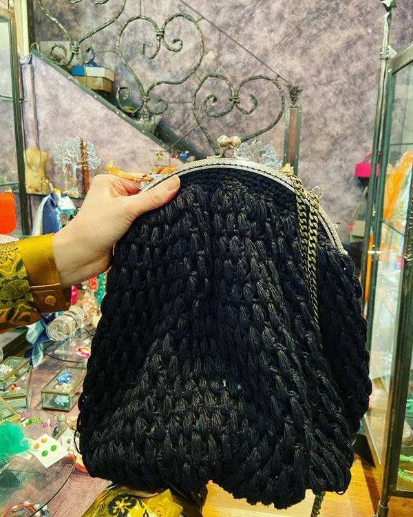 Large Black Hand Crochet Linen Bag