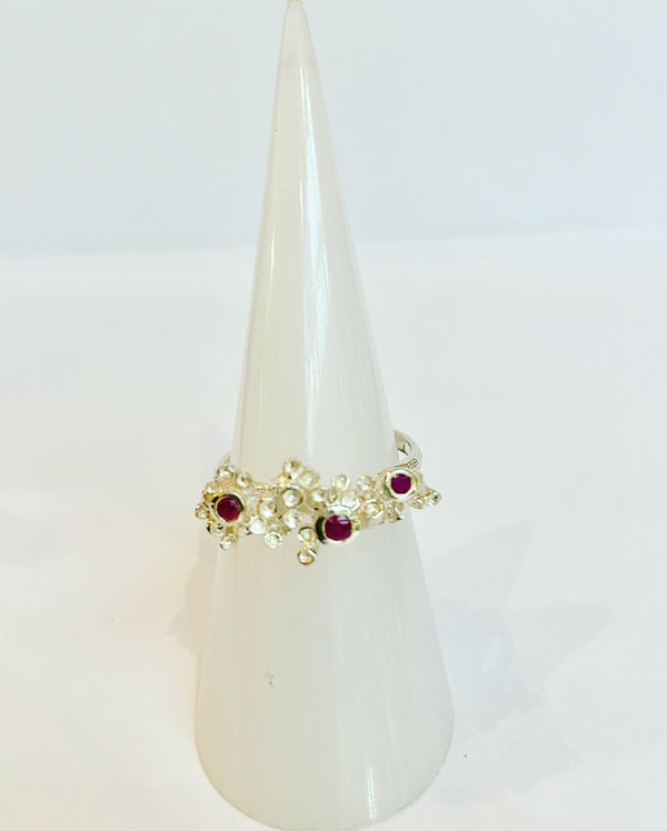 Ruby Floral Silver Ring
