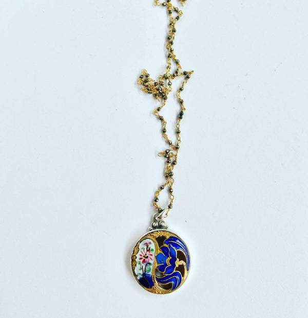 Antique Button Blue Floral Necklace