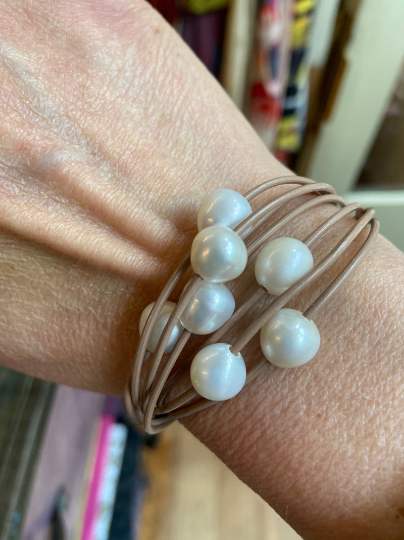 Freshwater Pearl + Leather Bracelet - 6 colours