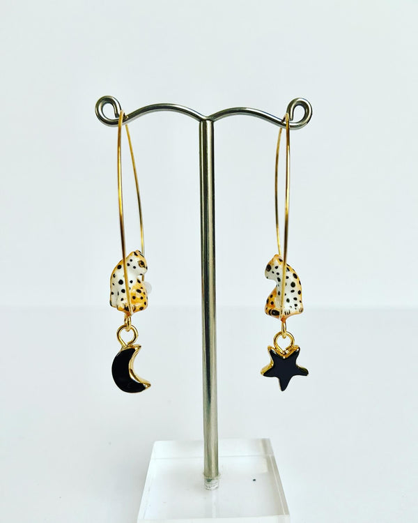 French Porcelain Star + Moon Leopard Hoops