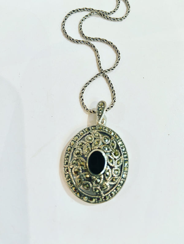 Marcasite Oval Onyx Pendant - without chain