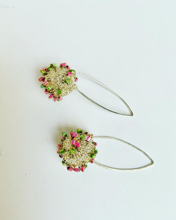 Crocheted Ball Earrings-silver pink green