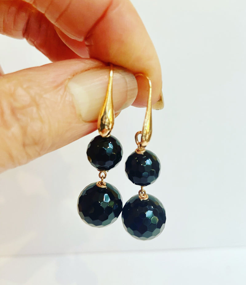 Black Agate Double Ball Hook Earrings