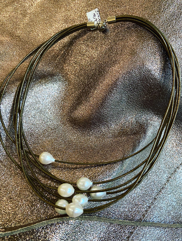Leather + Pearl Necklace -3 colours