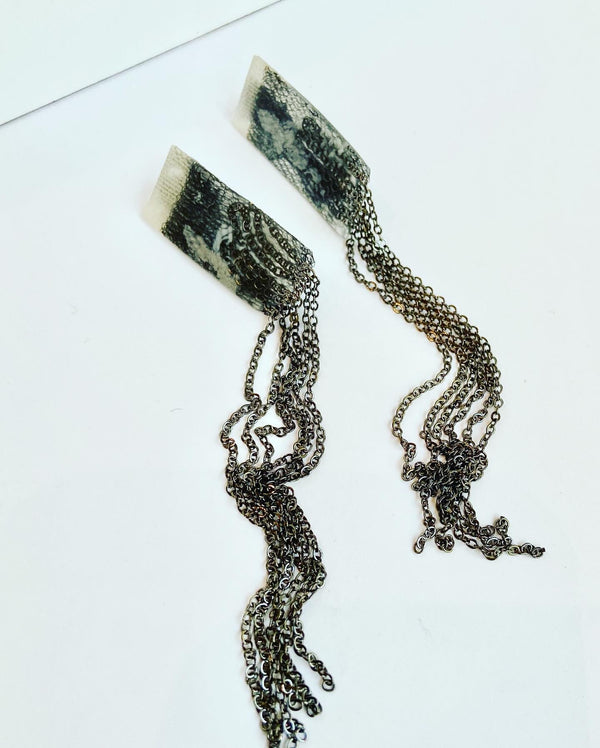 Black Handpainted Chain Tassel Earrings