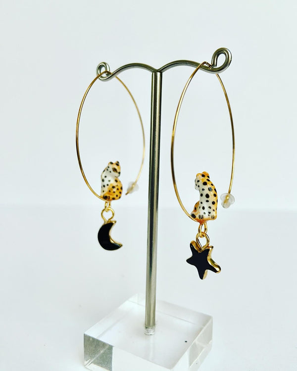 French Porcelain Star + Moon Leopard Hoops