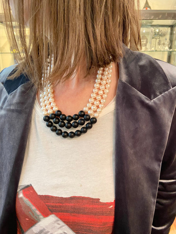 Freshwater Pearl + Onyx Triple Strand Necklace