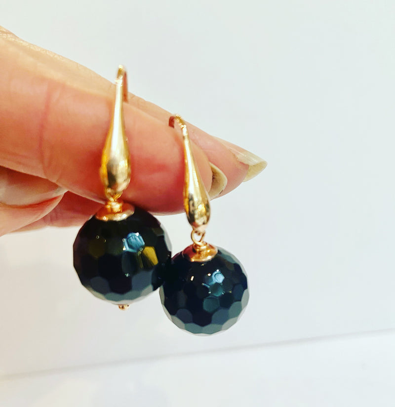 Black Agate Single Ball Hook Earrings