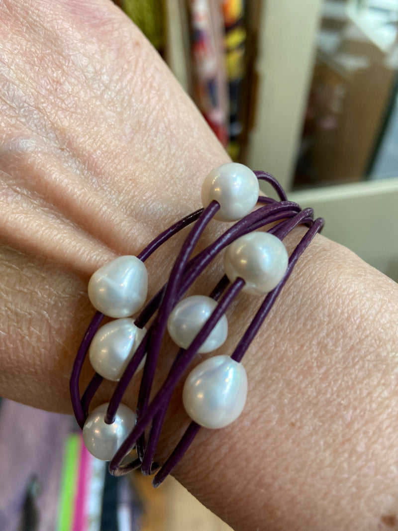 Freshwater Pearl + Leather Bracelet - 6 colours