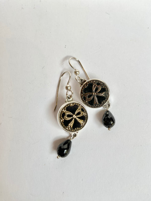 Antique Button Black Velvet  + Bow Earrings