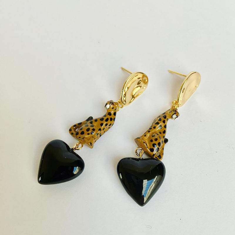 French Porcelain Leopard Heart Earrings