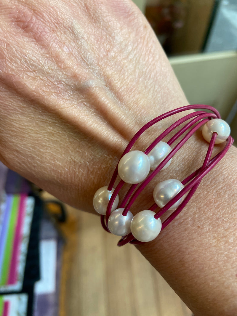 Freshwater Pearl + Leather Bracelet - 6 colours