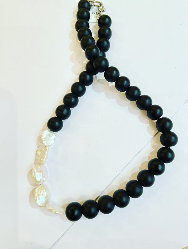Onyx Ball + Keshi Pearl Necklace