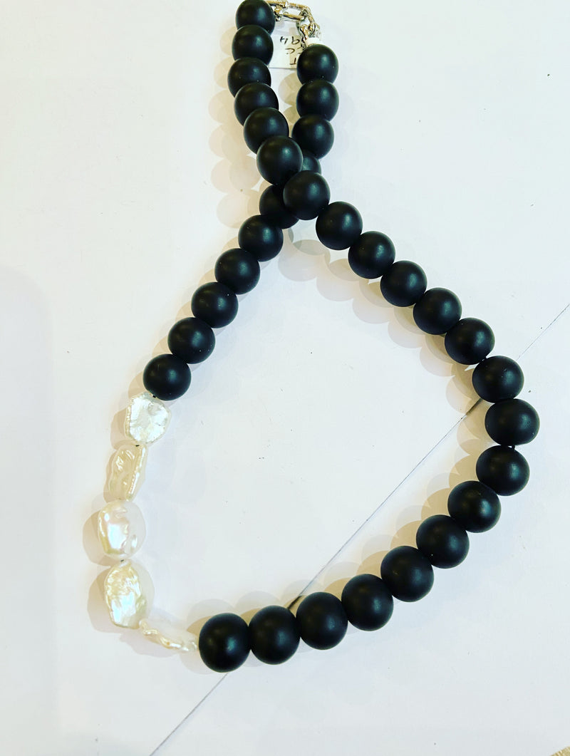 Onyx Ball + Keshi Pearl Necklace