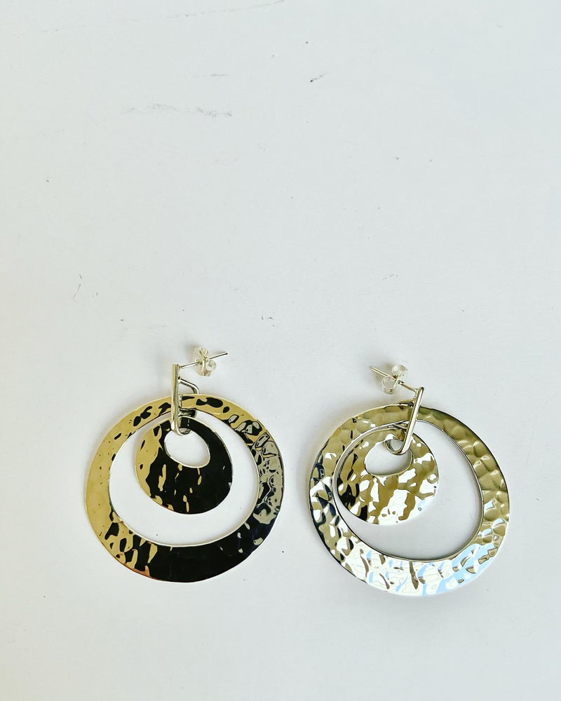 Double Circle Silver  Hammered Earrings