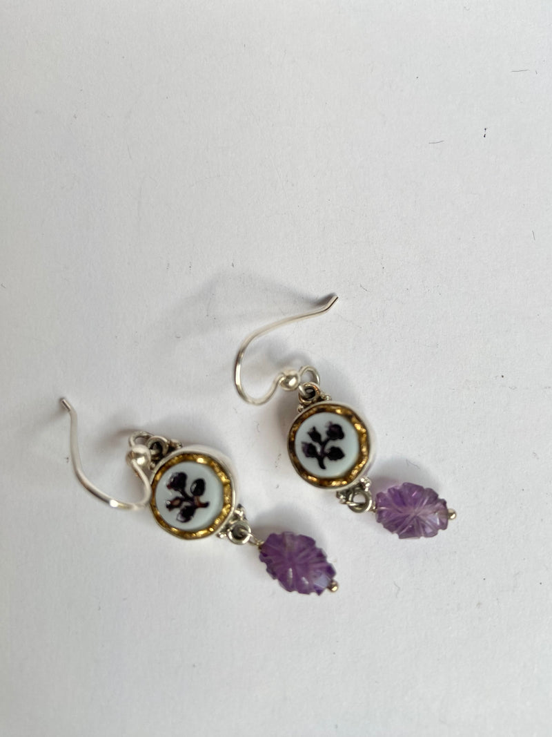 Antique Button Purple Floral Earrings