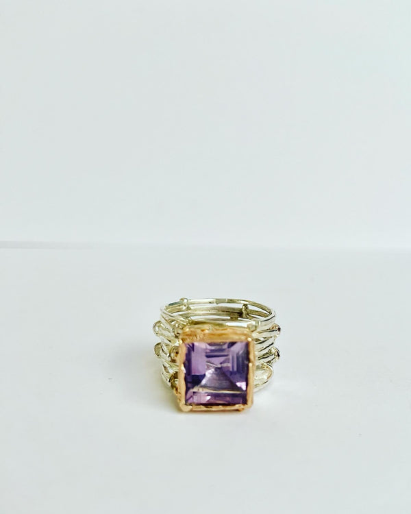 Square Amethyst Two Tone Linear Ring