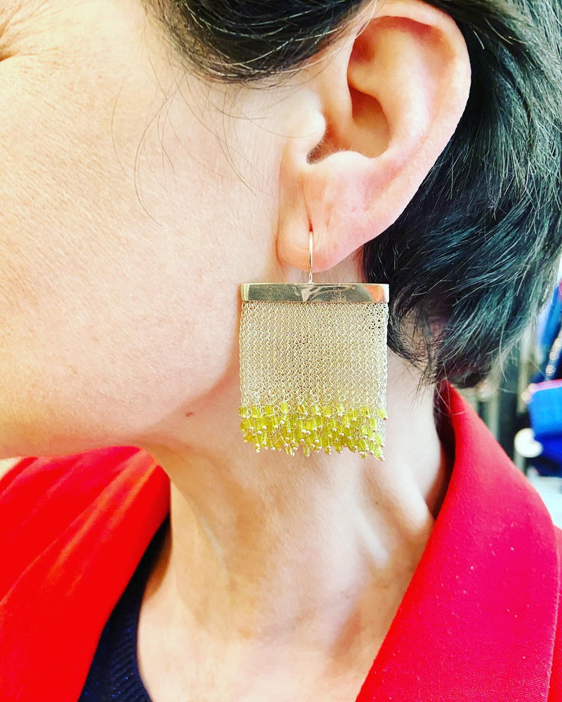 Mesh Rectangle Earrings With Crystal Accent - 2 colours