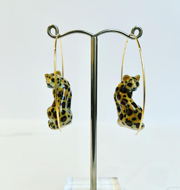 French Porcelain Sitting Leopard Hoops