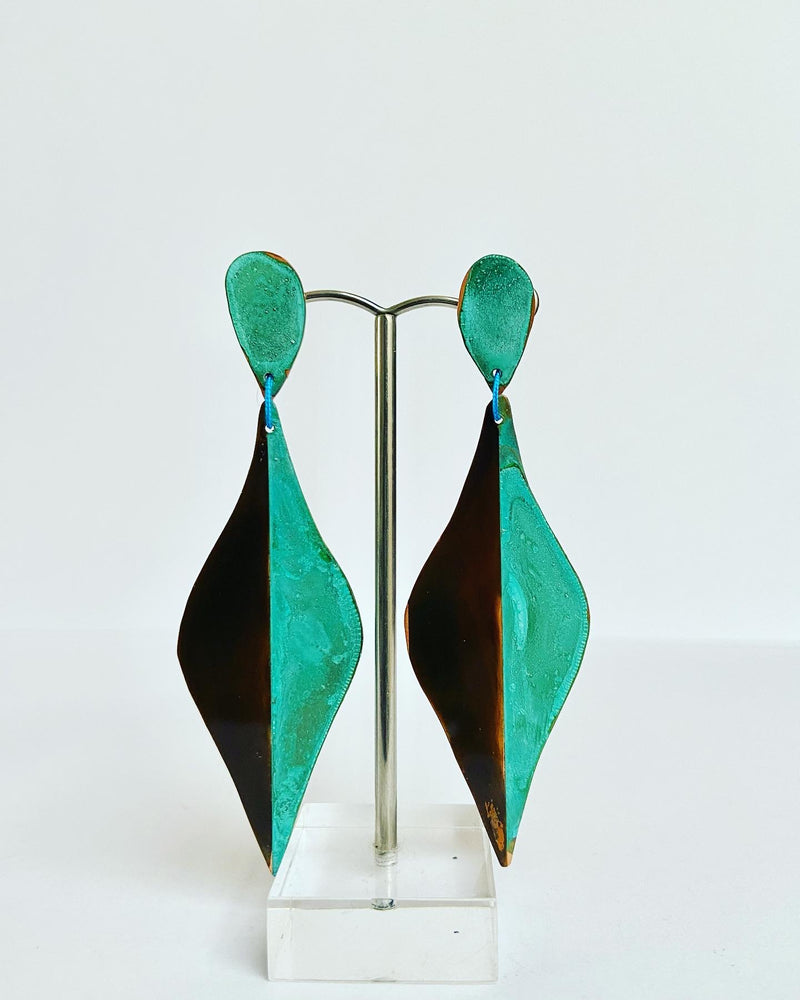 Elongated Green Black Teardrop Earrings