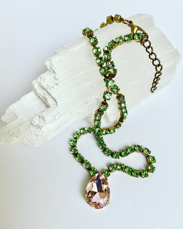 Bohemian Crystal Necklace-Peridot + Pink Rose