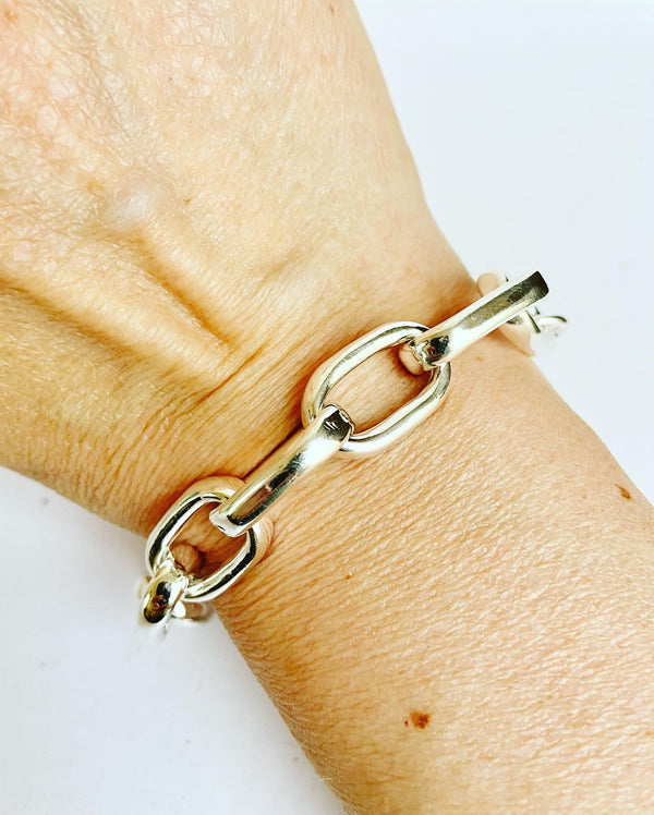 Sterling Silver Rectangular Oval Link Bracelet